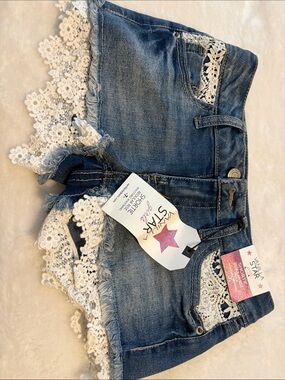 Vanilla Star Blue Denim Shorts with White Crochet Trim
